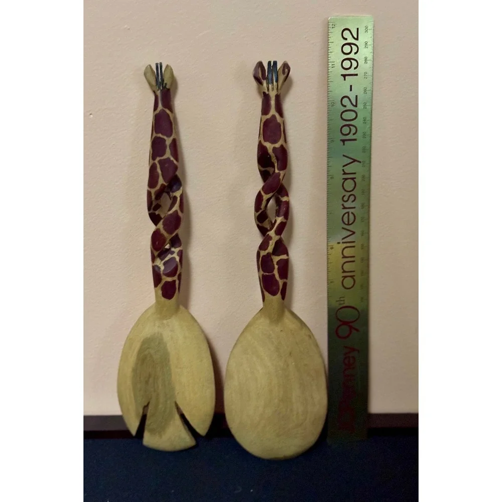 Hand Carved Wooden Giraffe Salad Server Set African Theme Spoon Fork 12 Inch
